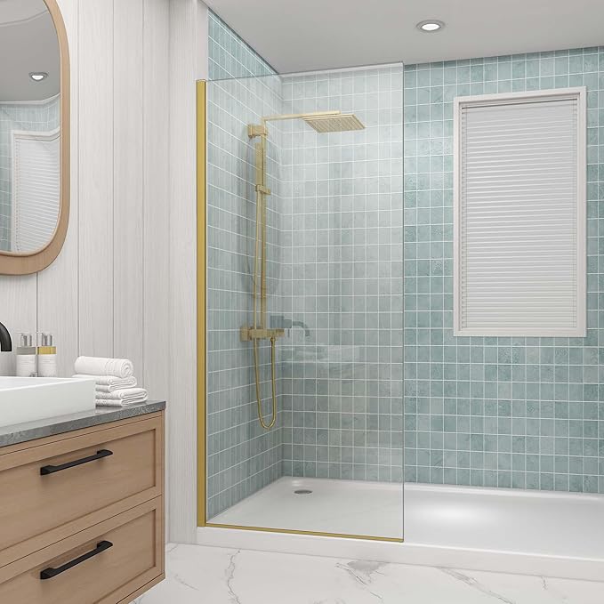 Sunrosa 36"×76" Shower Glass Panel,8mm Thick Shower Screen,Brushed Gold Semi-Frameless Bathroom Shower Door, Easy to Clean