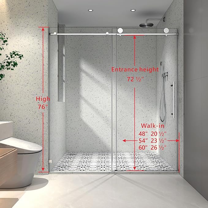 Favfurish 55"-60" W x 76" H Single Sliding Shower Door with Adjustable Soft Closing Design, Frameless Glass Shower Door with 5/16‘’(8mm) SGCC Tempered Clear Glass, Easy to Install, Brushed Nickel