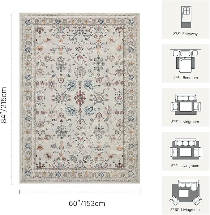 5x7 Area Rugs for Bedroom & Living Room - Washable Floral Boho Vintage Rug,Soft & Non-Slip,Low Pile Wool Carpet for Indoor Dining Room,Girls Room,Nursery Room and Kids Room(Grey)