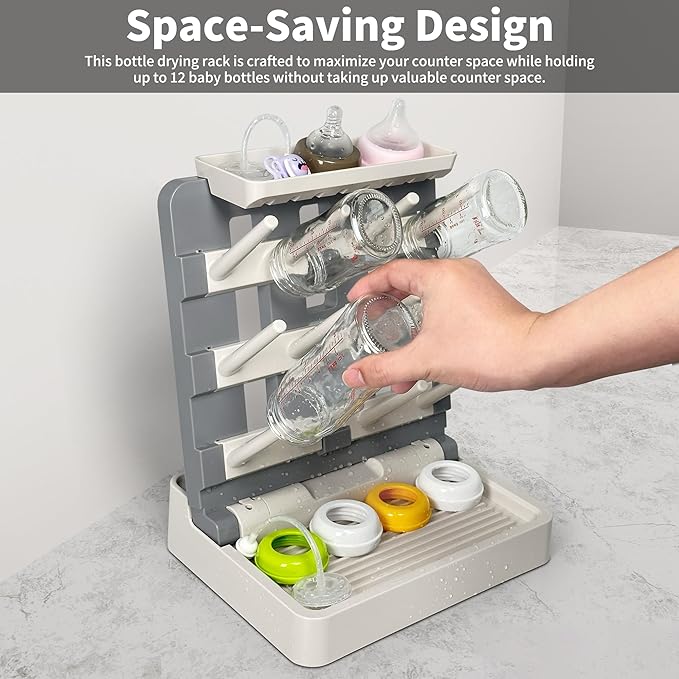 Baby Bottle Drying Rack, Vertical Standing Bottle Dryer Rack Holder-Space Saving Baby Bottle Drying Rack for Countertop-Holds Up to 12 Baby Bottles & Cup(Gray & Khaki)