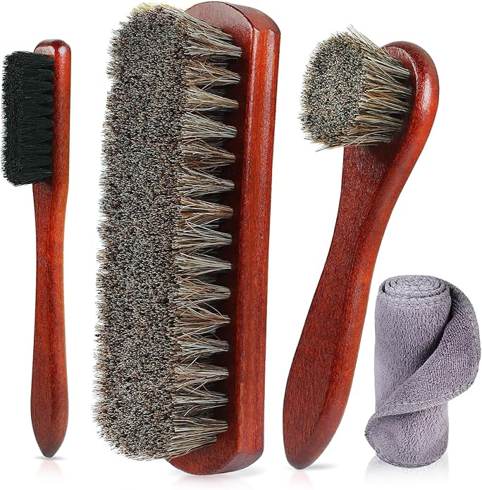 4-Piece Horsehair Shoe Brush Shine Kit - Horse Hair Brush for Leather, Premium Shoe Polish brush, Leather Shoe Boot Brushes for Cleaning and Polishing