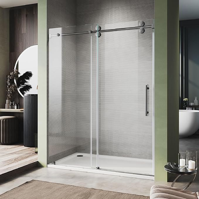 56-60 Inch x 76 Inch Sliding Frameless Shower Door, 3/8" Tempered Glass with Easy-Cleaning Coating, Stainless Steel Rollers & SGCC-Certified Stability, Space Gray