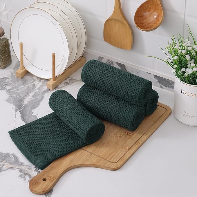 Kitinjoy 100% Cotton Waffle Weave Kitchen Hand Towels (13 X 28 Inches, Blackish Green), 6-Pack Super Soft and Absorbent Dish Towel for Drying Dishes