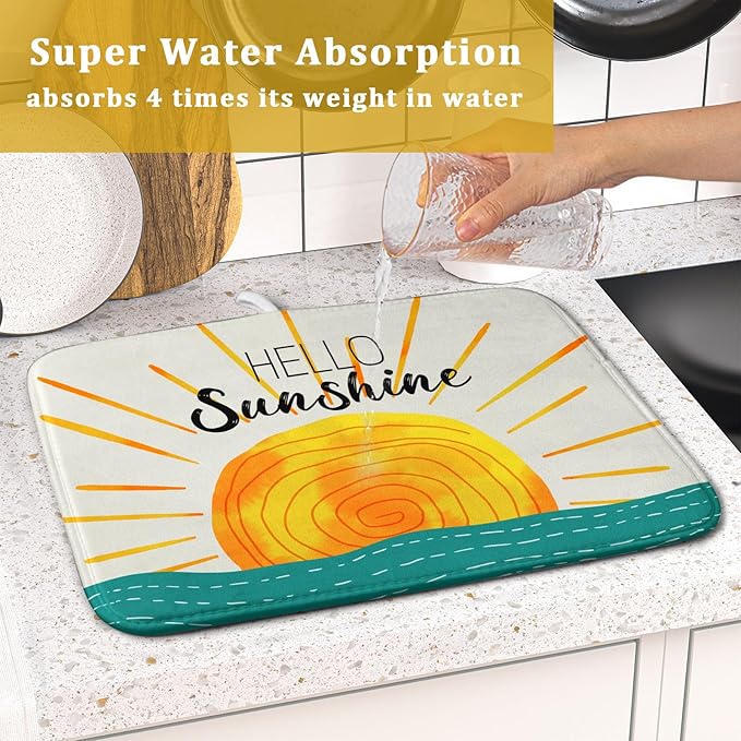 Summer Seaside Sunset over Sea Dish Drying Mat for Kitchen Counter,Hello Sunshine Drying Mat 16 x 18 Inch with Absorbent Reversible Microfiber Drying Pad for Coffee Bar