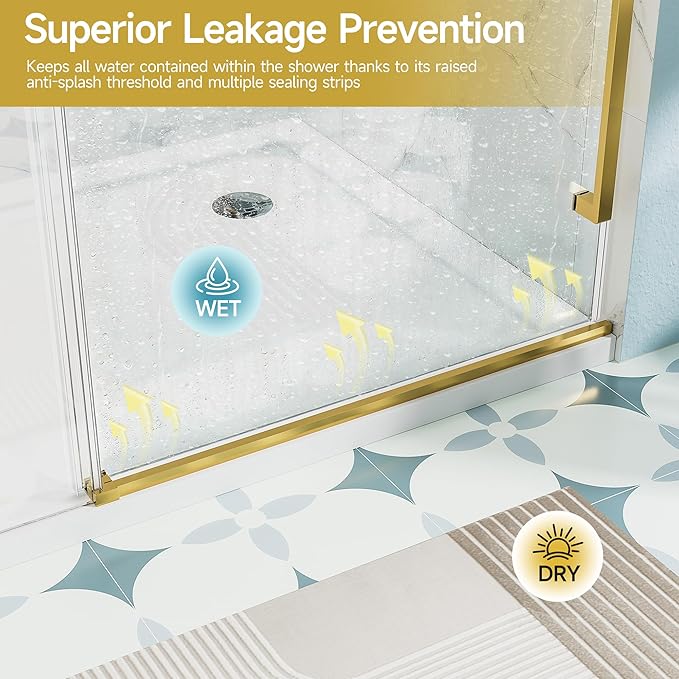 56-60" W x 75" H Shower Glass Door, Frameless Sliding Shower Door, 5/16"(8mm) Tempered Glass Shower Doors for Walk in Shower with Explosion-Proof Film, Brushed Gold Stainless Steel Hardware