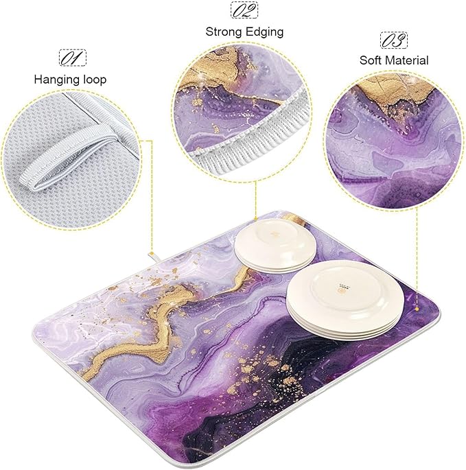 Marble Purple Gold Dish Drying Mat for Kitchen Countertop 18x24 Tie Dye Rectangle Large Drying Mat Reusable Quick Dry Dish Sink Absorbent Mats Dishwasher Easy Clean Decorative Home Decor Essentials