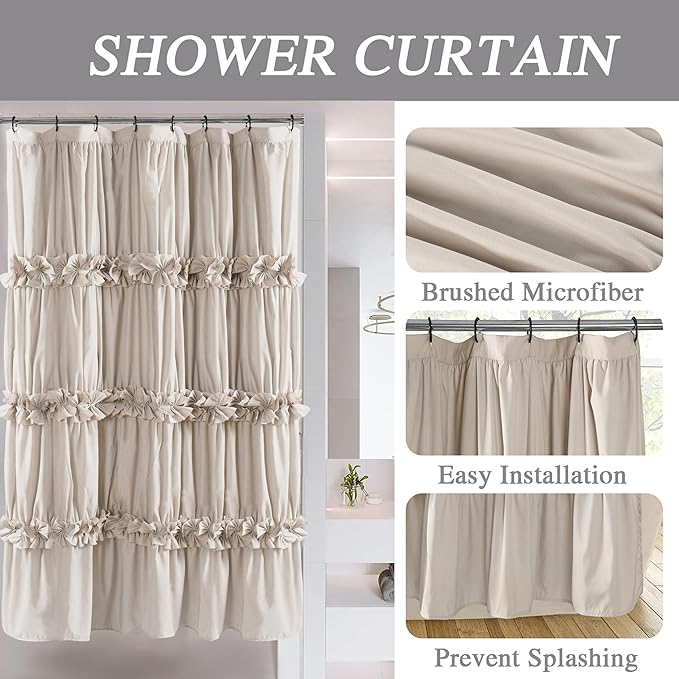 Camel Ruffle Stall Shower Curtain, Vintage Handcrafted Bow Tie Bath Curtain for Master Bathroom, Ruched Microfiber Bathroom Curtain with 8 Buttonholes, 48" W x 72" H (LQ-10)