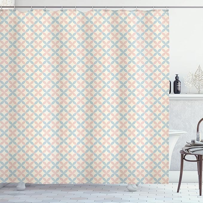 Ambesonne Shabby Flora Shower Curtain, Floral Motif Pastel Colors Flower Petals Pattern Geometric Ornate, Cloth Fabric Bathroom Decor Set with Hooks, 69" W x 70" L, Cream Salmon Pale Blue