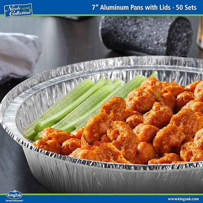 Nicole Home Collection Aluminum Pans 7” Round Disposable Foil Pans With Lids (50 Pack) – 7 Inch Round Disposable Takeout Pans With Board Lids (7" Inch Round)