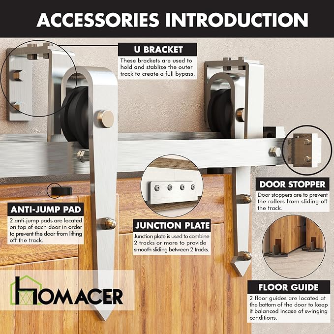 Homacer Brushed Nickel Double Track U-Shape Bypass Sliding Barn Door Hardware Kit, for Two/Double Doors, 10ft Long Flat Track, Arrow Design Roller