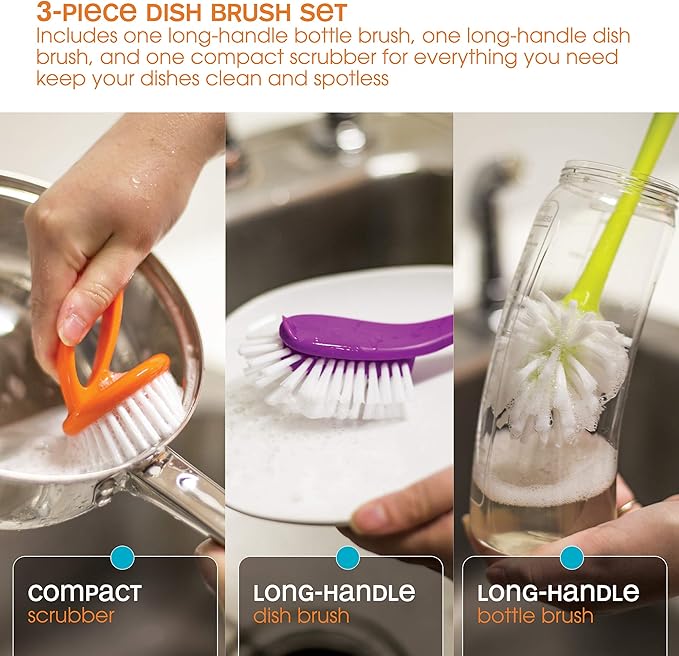 Casabella Loop 3-Piece Dish Brush Set - 15519AZ(Colors May Vary), Red Yellow Purple