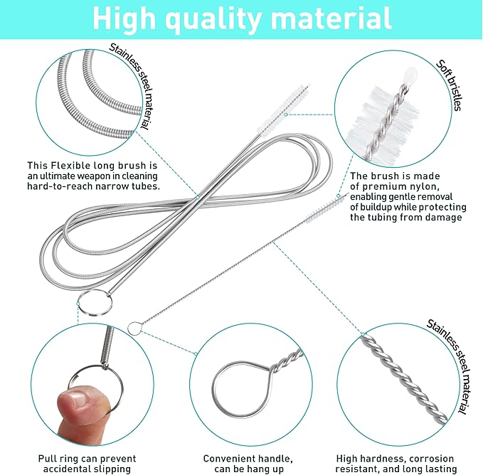 2 Pack 61 inch Long Flexible Drain Cleaning Brush and 2 PCS 7-inch Straw Brush, Suitable for Cleaning Feeding Tubes