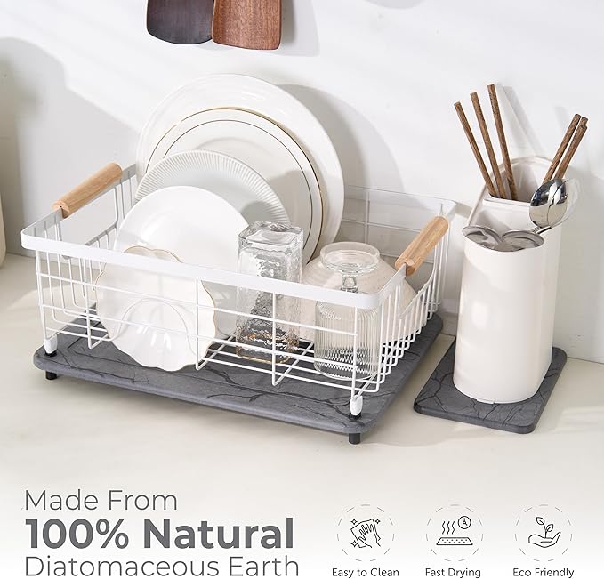 Stone Drying Mat for Kitchen Counter + Sink Caddy | 15.7"x11.8" Diatomaceous Earth Drying Mat with Stainless Steel Feet | Heat Resistant to 450°F | Eco-Friendly & Multipurpose Drying Mat