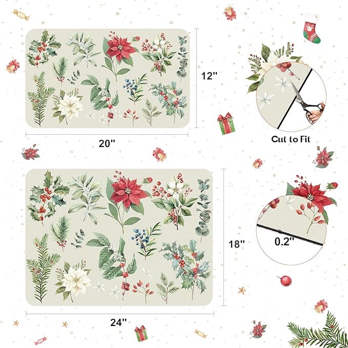 LOKHOM Christmas Dish Drying Mat for Kitchen Counter, 18"x24" Absorbent Christmas Sage Flower Herbs Drying Mat with Red Plants, Christmas Holiday Dish Rack Mat Coffee Maker Dining Room Decoration