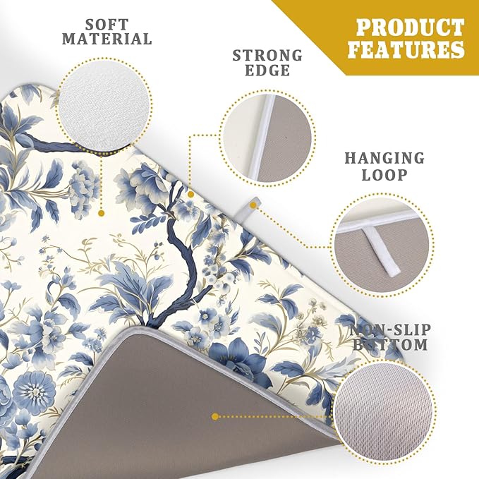 Chinoiserie Trees Dish Drying Mat for Kitchen Counter,Bule Birds Flowers Drying Mat 18 x 24 Inch with Absorbent Reversible Microfiber Drying Pad for Coffee Bar