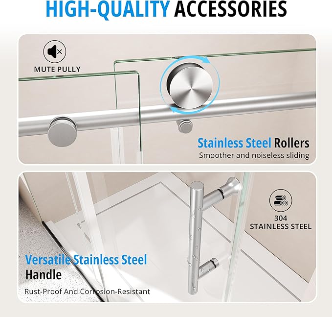Frameless Sliding Shower Door 56–60 in W x 76 in H, 10mm Clear Tempered Glass Shower Doors Glass Sliding 60 Inches, Single Nano Coating, Stainless Steel Hardware, Silent Smooth Rollers, Brushed Nickel