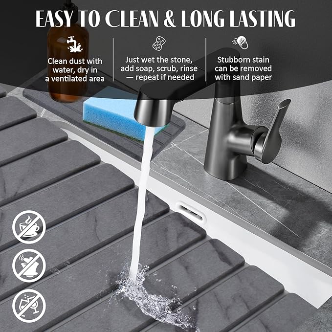 2 PCS Extra Large Stone Dish Drying Mat for Kitchen Counter, 28"×16" Marble Dish Drying Mat with 8"x 4" Coasters, Non - Slip Collapsible Absorbent Stone Dish Drying Mat for Multi - Purpose