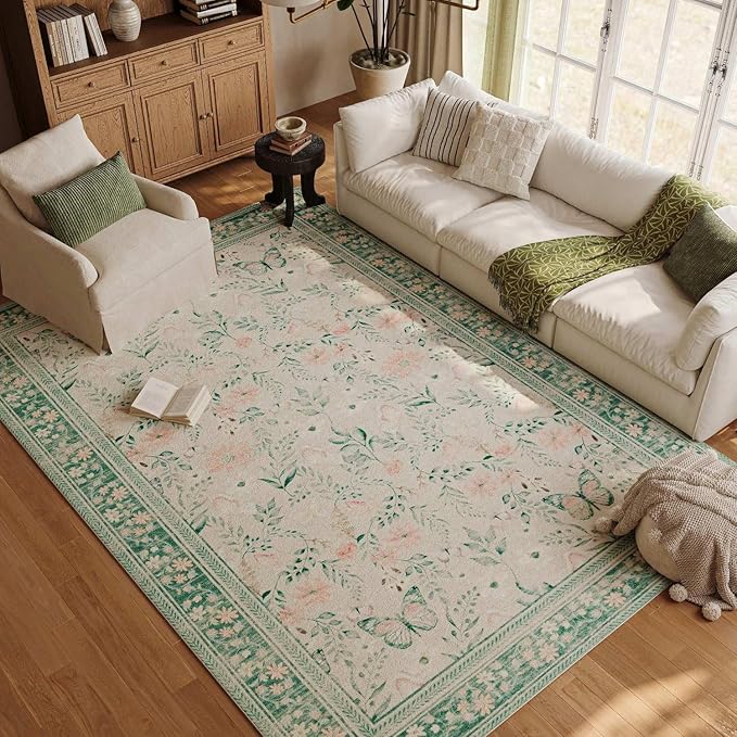 Green Floral Rug for Living Room Bedroom, 5x7 Washable Rug,Vintage Boho Area Rug, Large Non Slip Low Pile Wool Carpet for Indoor Dining Room,Girls Kids Room and Nursery Room(Sage Green 5x7ft)