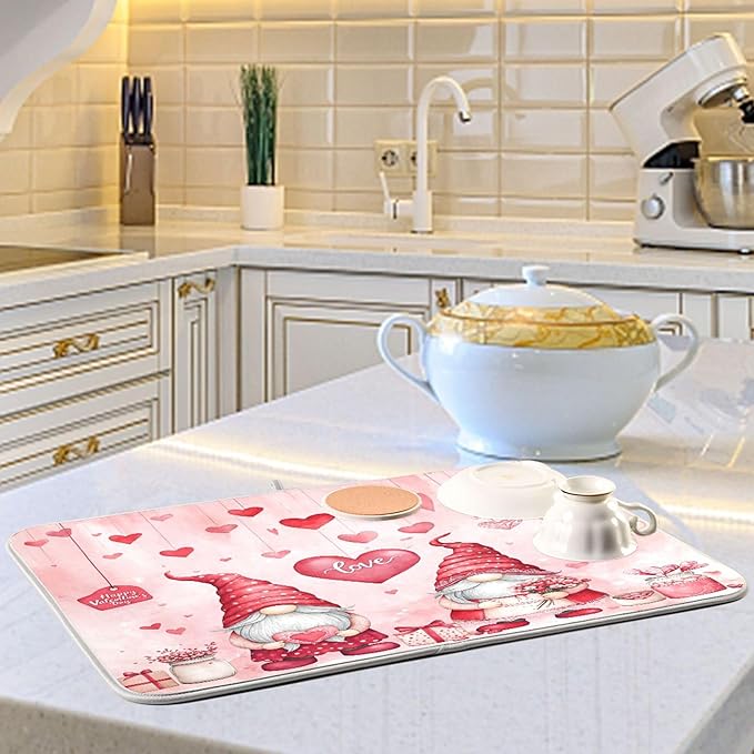 Valentine’s Day Gnomes Dish Drying Mat for Kitchen Countertop 18x24 Pink Love Heart Pink Large Drying Mat Reusable Quick Dry Dish Sink Mats Easy Clean Decorative Essentials