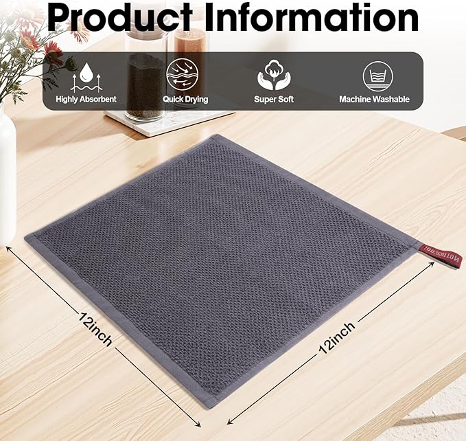 100% Cotton Waffle Weave Kitchen Dish Cloths, 6-Pack 12x12 Inch Dark Grey Ultra Soft Absorbent Quick Drying Dish Towels for Drying Dishes & Cleaning, 6 Colors