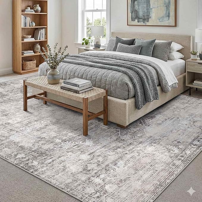 Vintage 8x10 Grey Rug For Living Room, Washable Large Area Rugs for Bedroom, Dining Room, Kitchen, Non Slip Low Pile Soft Distressed Floor Carpets For Kids Nursery, Classroom, Farmhouse Office