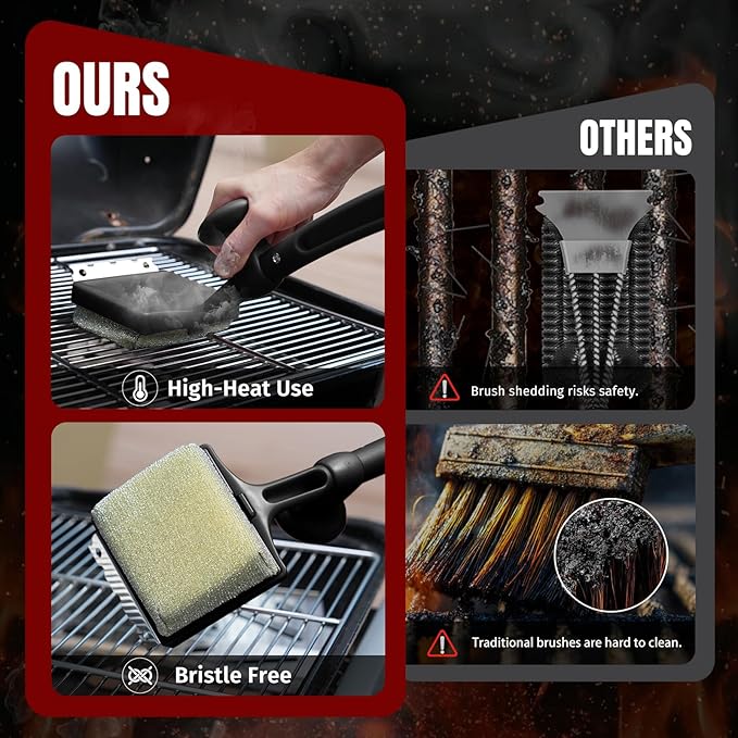 Grill Brush Bristle Free with Aramid Fiber - 600°F Heat Resistant Steam Cleaning Brush, Dual Handle BBQ Grill Cleaning Brush with Scraper, Replaceable Head for Outdoor Grill Weber Traeger Grates