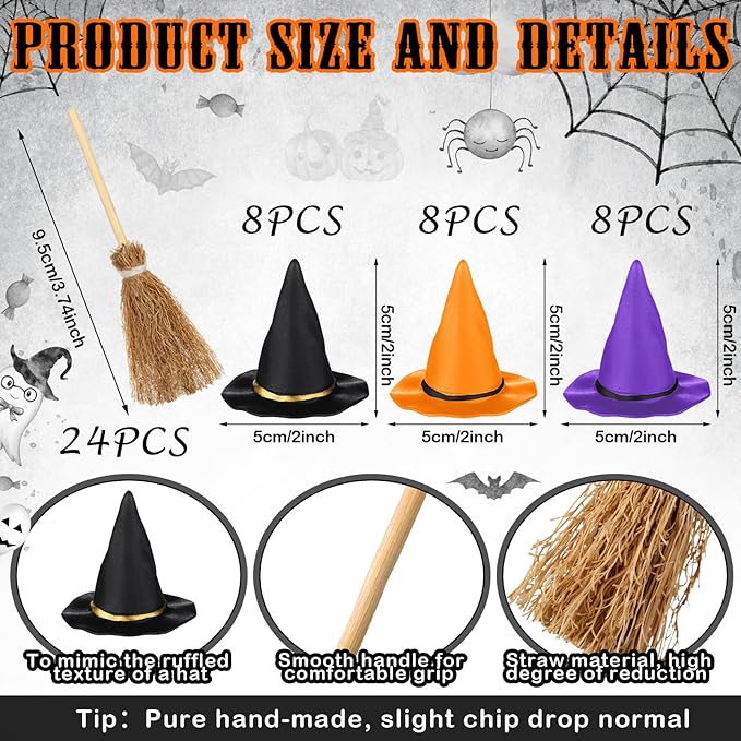 48 Pcs Mini Witch Hats and Broom for Crafts Halloween Wizard Accessories for Party Favors Decor (Black Purple Orange,1.97 Inches)