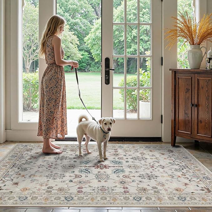 Floral Rug for Entryway Bedroom, 3x5 Washable Area Rug, Vintage Boho Throw Rugs, Non Slip Low Pile Carpet for Indoor Dining Room, Girls Room, Nursery Room and Kids Room(Grey 3x5ft)
