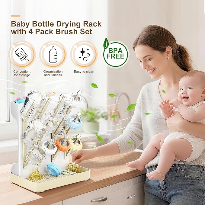 Superior Vertical Baby Bottle Drying Rack with 4-Pack Brush Set: Space-Saving Countertop Drying Rack - BPA-Free Baby Accessories Storage Stand Organizing Brushes & Pacifiers - Warm Beige