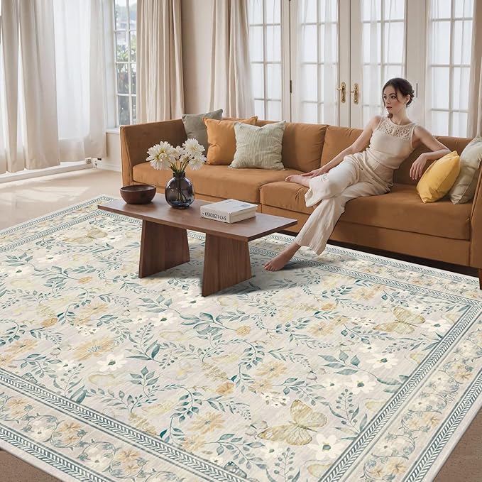 Floral Rug for Living Room Bedroom, 8x10 Washable Rug, Vintage Boho Area Rug, Large Non Slip Low Pile Wool Carpet for Indoor Dining Room,Girls Room,Nursery Room and Kids Room(Ivory Green 8x10)