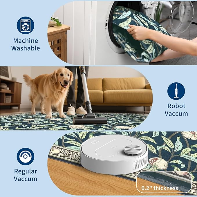 GarveeHome 2x6 Runners for Hallways Non Slip, Boho Leaf Kitchen Runner Rug Washable Rugs for Bedroom, Low Pile Soft Navy Blue Runner Botanical Bird Rug for Dorm Entryway Laundry Room Bedroom