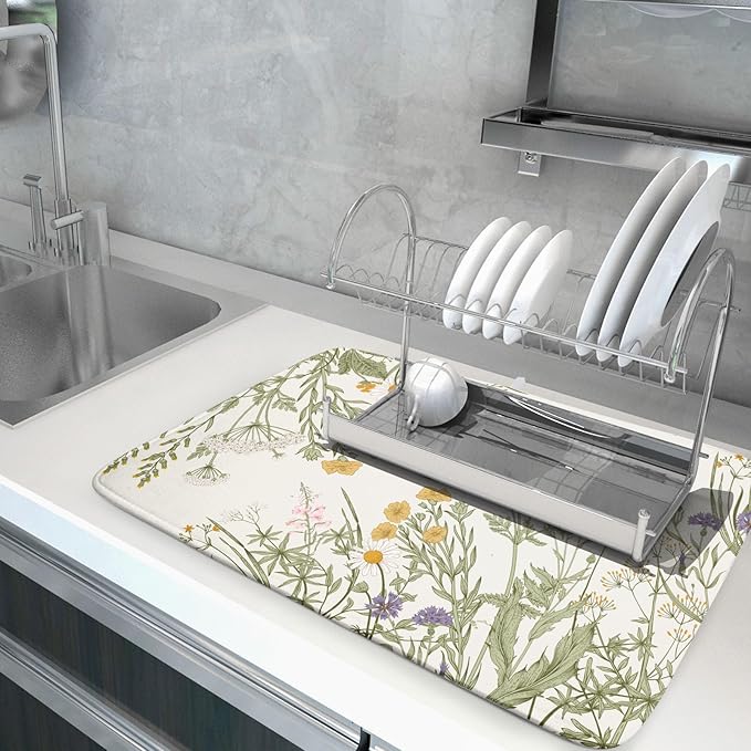 Khope Spring Dish Drying Mat for Kitchen Counter 18x24 Inch Sage Green Wild Flower Plant Reusable Washable Drying Pad Countertop Home Decor