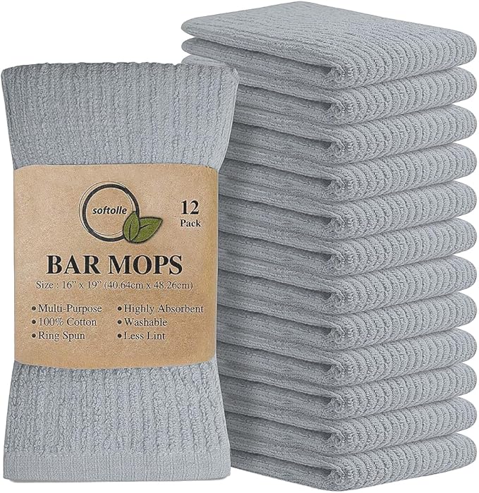 Softolle Bar Mop Towels, Pack of 12-16x19 Inches - 100% Cotton Super Absorbent Towels, Multi-Purpose for Home and Bar Cleaning (Silver Grey)