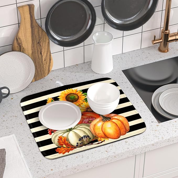 Sunflower Pumpkin Dish Drying Mat for Kitchen Counter,Black and White Stripe Drying Mat 16 x 18 Inch with Absorbent Reversible Microfiber Dish Drying Pad Dish Rack Drainer Mat for Coffee Bar