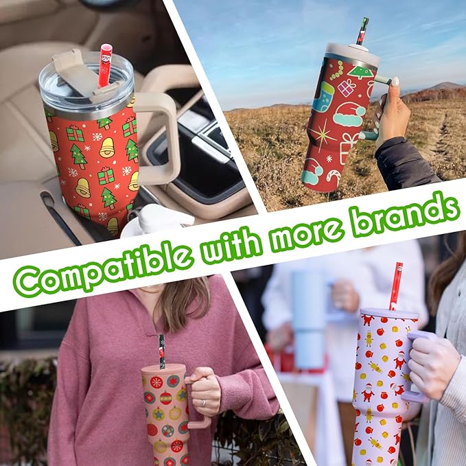 AIERSA 6 Pack Christmas Straw Replacement for Stanley 30&40oz,Plastic Reusable Straw for Stanley Tumbler,Long Straws with Cleaning Brush for Stanley Cup Accessories