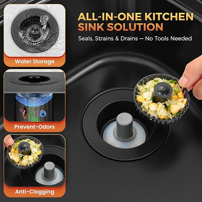 3-in-1 Kitchen Sink Strainer & Stopper, Matte Black Pop Up Drain Filter – Anti-Clogging Food Catcher with Brass Core – Fits Standard 3.5 Inch Drain, Deep Basket for Easy Cleaning