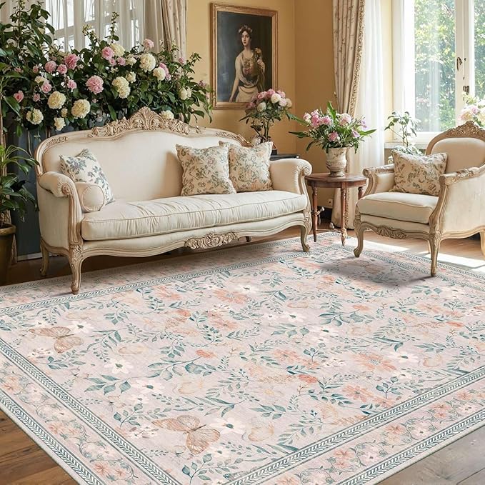 Pink Floral 5x7 Washable Area Rug, Vintage Boho Non Slip, Low Pile Rugs for Bedroom,Girls Nursery Kids Room,Dining Room,Livingroom(Coral 5x7ft)