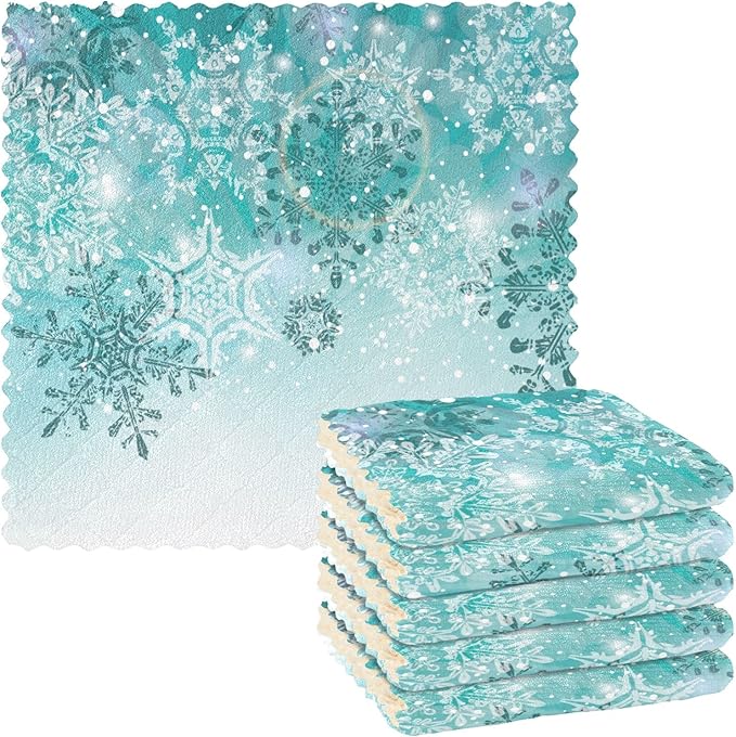 ALAZA Dish Towels Kitchen Cleaning Cloths Silver Winter Teal Turquoise Snowflakes Christmas Dish Cloths Absorbent Kitchen Towels Lint Free Bar Tea Soft Towel Kitchen Accessories Set of 6,11"x11"