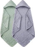 SWEET DOLPHIN Muslin Hooded Baby Bath Towels - 2 Pack 100% Cotton Towel for Babies, Infants, Toddlers - 32x32Inch - Highly Absorbent and Newborn Essential, Green and Grey