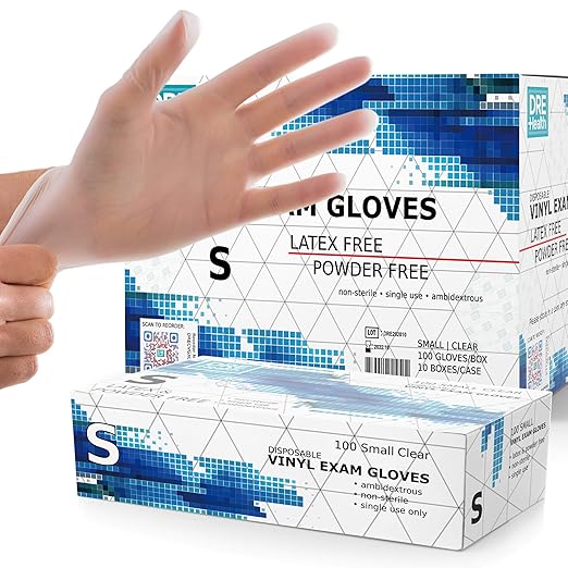 Powder Free Disposable Gloves Small, [1000 Count] - 4 Mil Clear Vinyl Gloves- Extra Strong, 4 Mil Thick - Latex Free, Food Safe, Medical Exam Gloves, Cleaning Gloves - 10 Boxes of 100