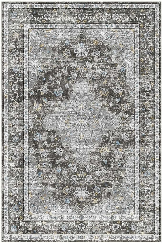 Area Rugs 5x7, Washable Black Rugs for Living Room, Bedroom, Non Slip, Neutral Floral Vintage Indoor Rug for Farmhouse Nursery, Dining Room, Kid Room, Office, Dorm