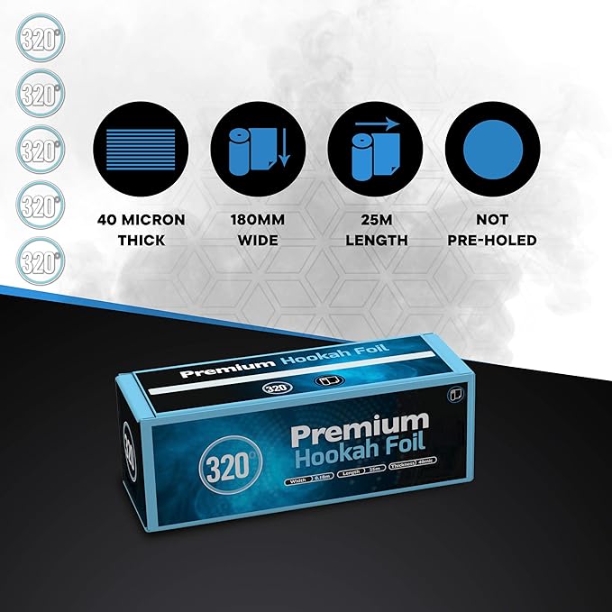320° Premium Hookah Aluminum Foil - Extra Thick Heavy Duty Rolls - 7" Wide (180mm) - 82ft Length (25m) - 40 Micron Thick Nicotine Free
