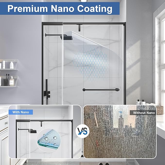 Semi Frameless Pivot Shower Door 42-48" W x 72" H, Swing Shower Glass Doors with Nano Explosion-Proof Film Tempered Glass 1/4"(6mm) Reversible Installtion, Matte Black Finish