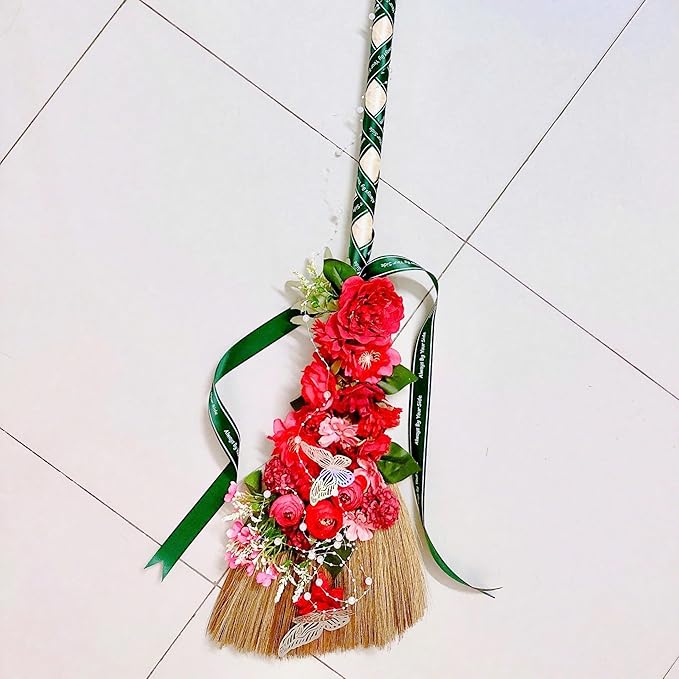 Vietnamese Natural Whisk Broom - Straw Soft Broom - Long Handle Broomstick for Cleaning, Decoration, Wedding with 45.28 inch Length