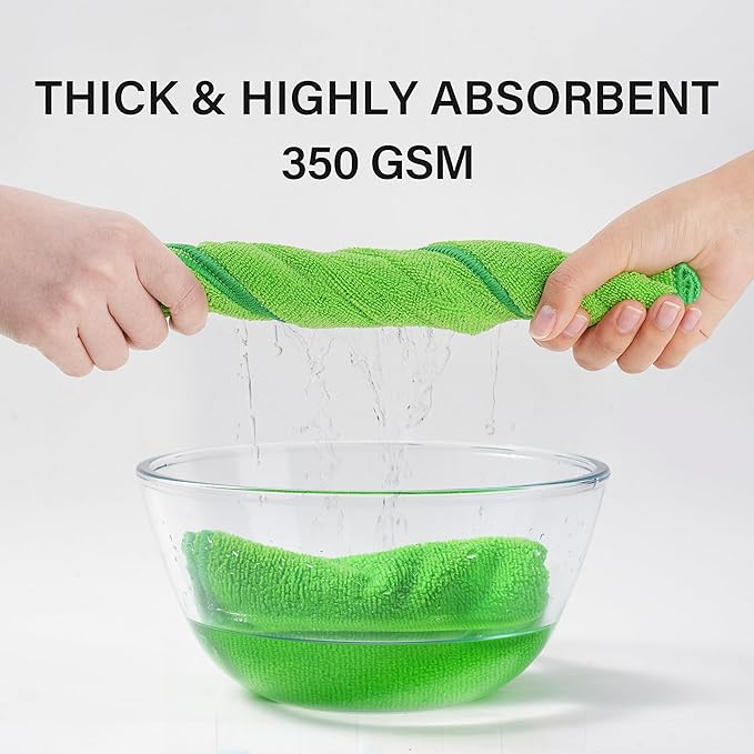 Ninia Microfiber Cleaning Cloths, 12 Pack Green 35x35cm, 350 GSM Thick & Absorbent, Lint-Free & Scratch-Safe Towels for Kitchen, House, Car, Glass & Electronics