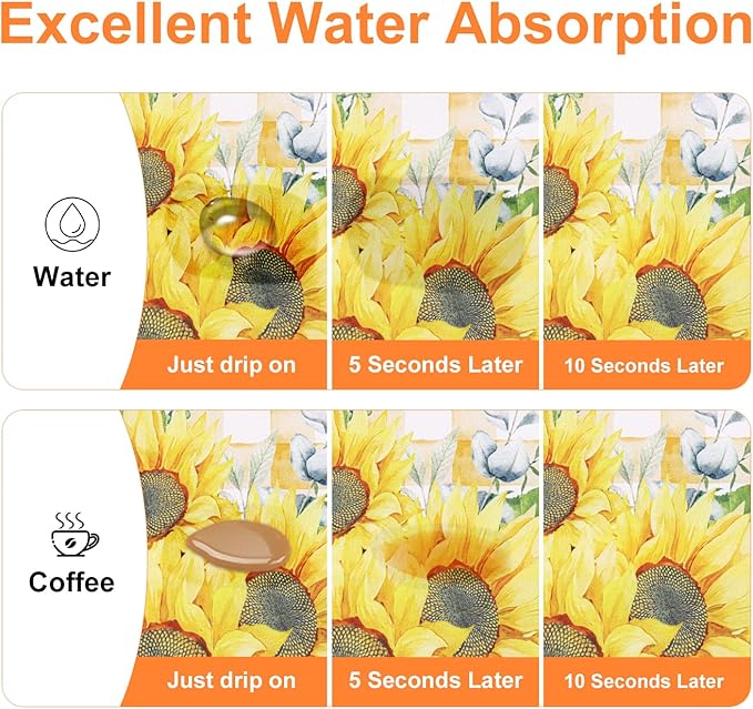 LOKHOM Dish Drying Mat for Kitchen Counter, 12"x20" Absorbent Coffee Bar Mat with Sunflowers, Vintage Floral Dish Drainer Rack Mats for Kitchen Counter Coffee Maker Pot Dining Room Decoration