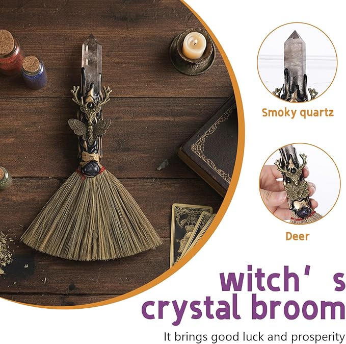 Smoky Quartz Witch Broom - Witchcraft Supplies with Deer Design Mini Witches Broomstick Altar Supplies with Natural Healing Crystals Wiccan Supplies Prayers Meditation Therapy Decor
