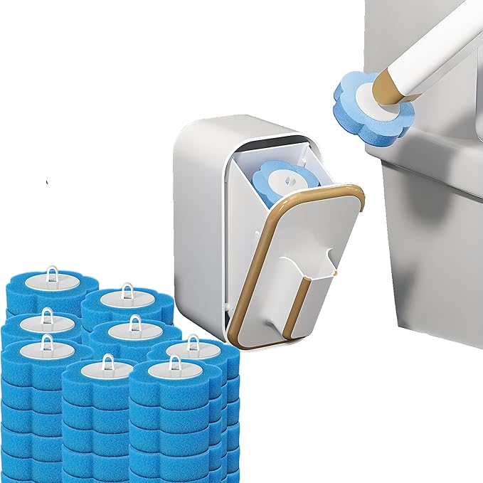 Disposable Toilet Brush with 48 Refill Heads and Holder– Includes Storage Caddy&Toilet Bowl Wand, Wall-Mount Scrubbing Toilet Brush Bathroom Cleaning Kit (1 Wand+48 Refills)