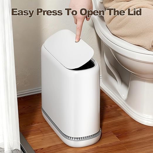 Spreezy Bathroom Trash Can with Lid, 2.3 Gallon/8.6 L Small Trash Can, Pneumatic Adhesion Style Garbage Can for Kitchen, Bedroom, Living Room, Office, Trash Bin Includes 5 Rolls of Trash Bags
