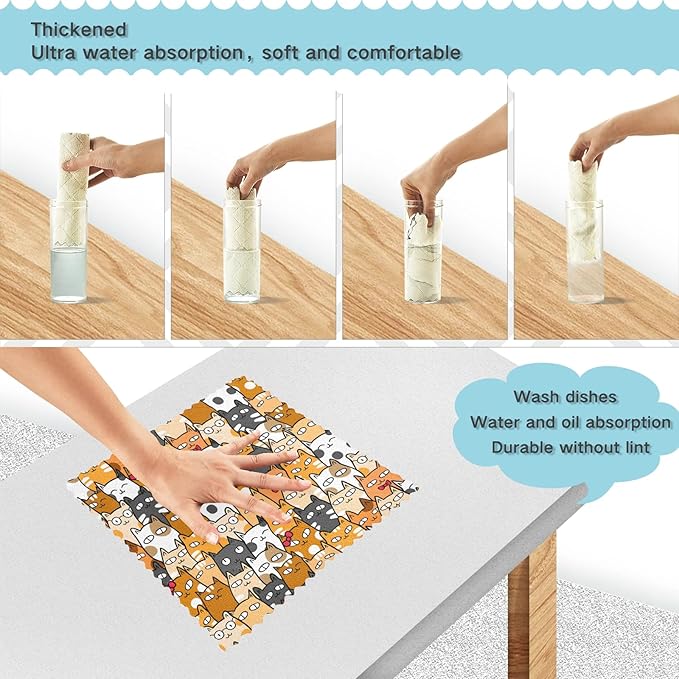 ALAZA Dish Towels - Funny Kittens Cat Dish Cloths, Super Absorbent, Lint Free, Soft Towel Kitchen Accessories Set of 6, 11"x11"